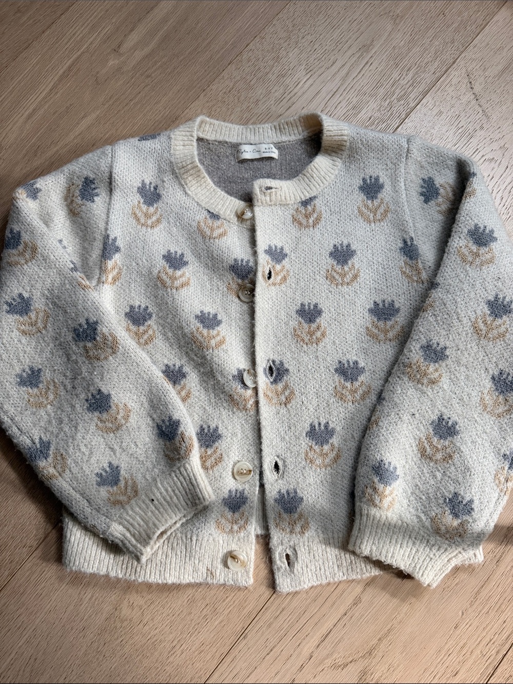 Rylee + Cru Cream Knit Cardigan with Blue and Tan Floral Motif